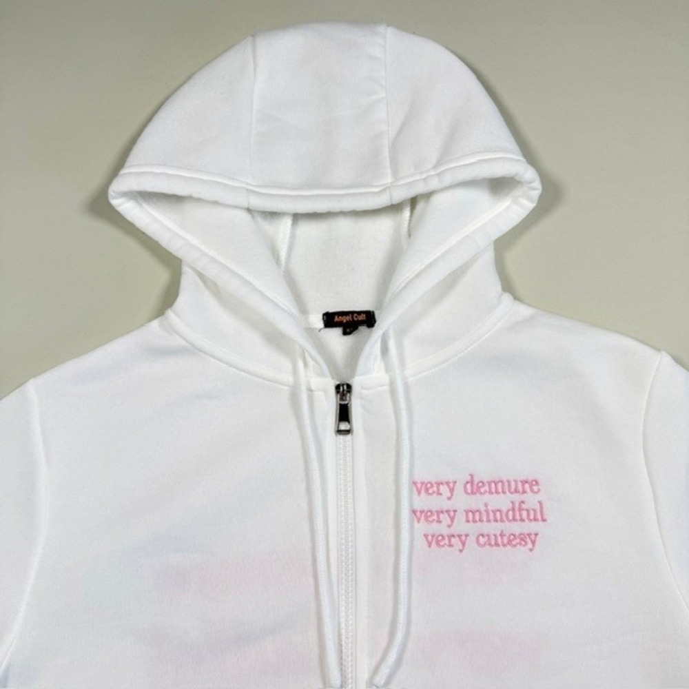 Angel Cult Very Demure Mindful Cutesy White Zip Up Hoodie XS Pink Embroidery